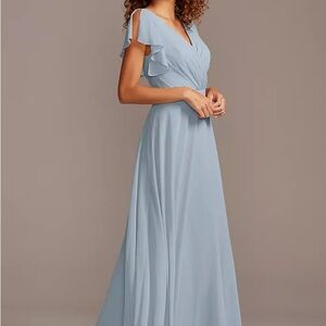 David's Bridal Dust Blue Dress with Flutter Sleeve Full Skirt